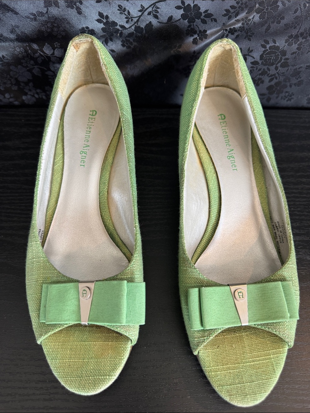 Etienne Aigner Light Green Open-Toe Bow Flats